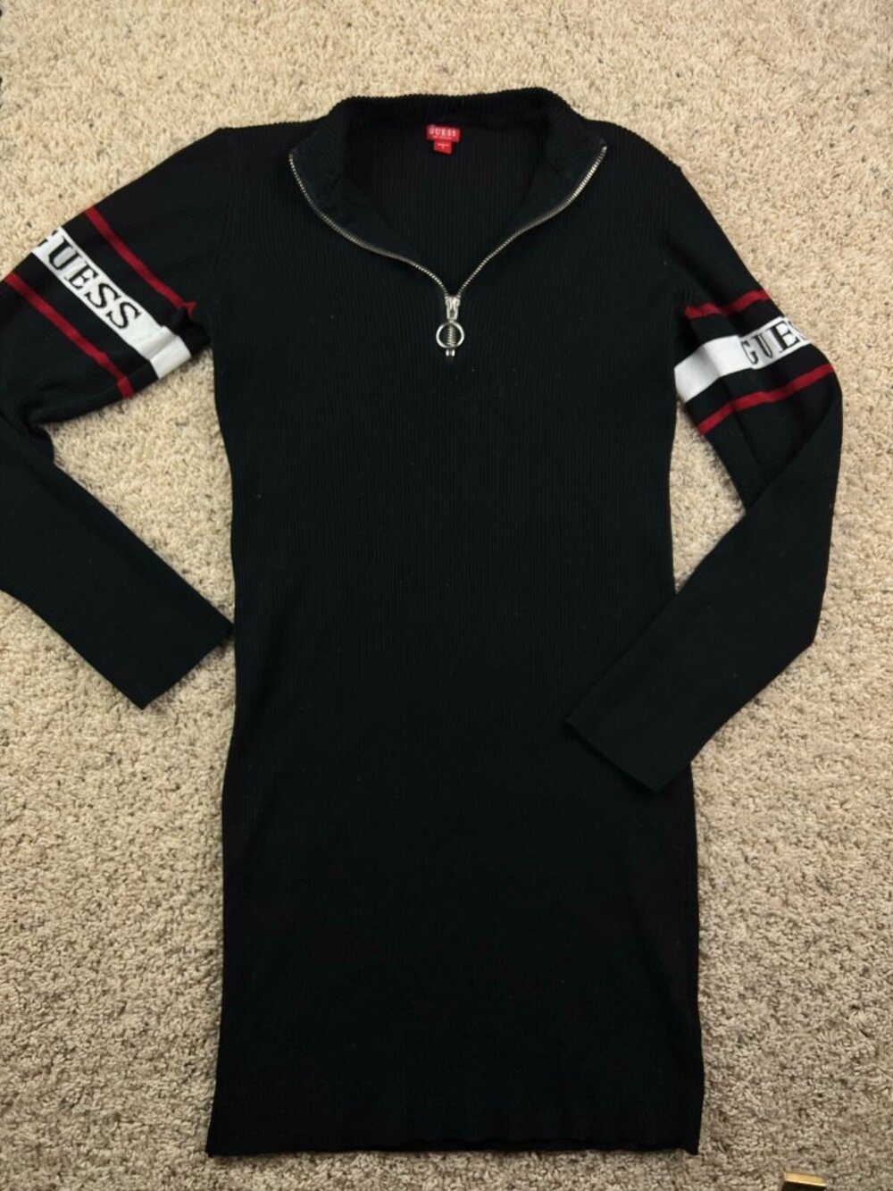 Guess Sweater Women Large Black Red Pullover 1/4 Zip Casual Knit Ladies w Logos